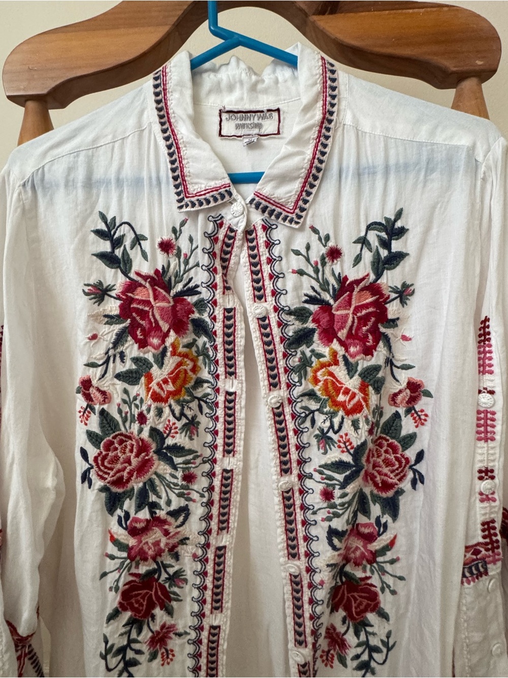 Johnny Was White Embroidered Floral button down blouse bell sleeve Blouse XL - Picture 3 of 8